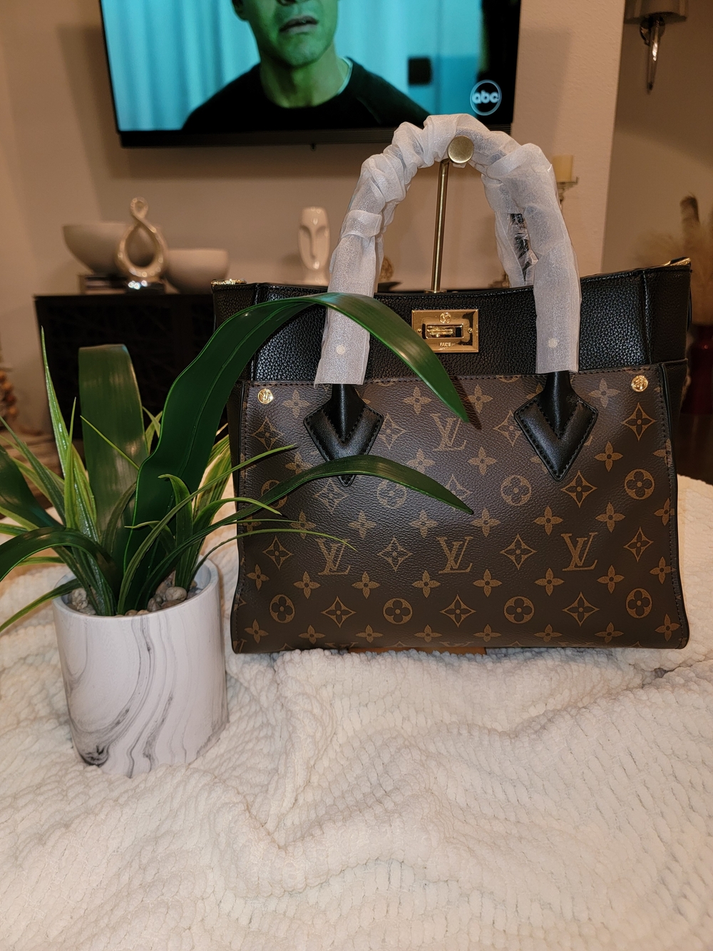 Brown Monogram Satchel with Black Trim and Gold Hardware
